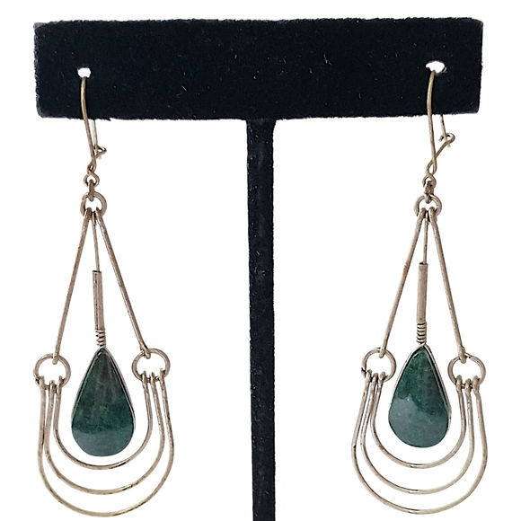 Malachite Green Stone Wire Design Earrings Teardrop Dangle Dainty Bohemian Gypsy - Picture 9 of 16